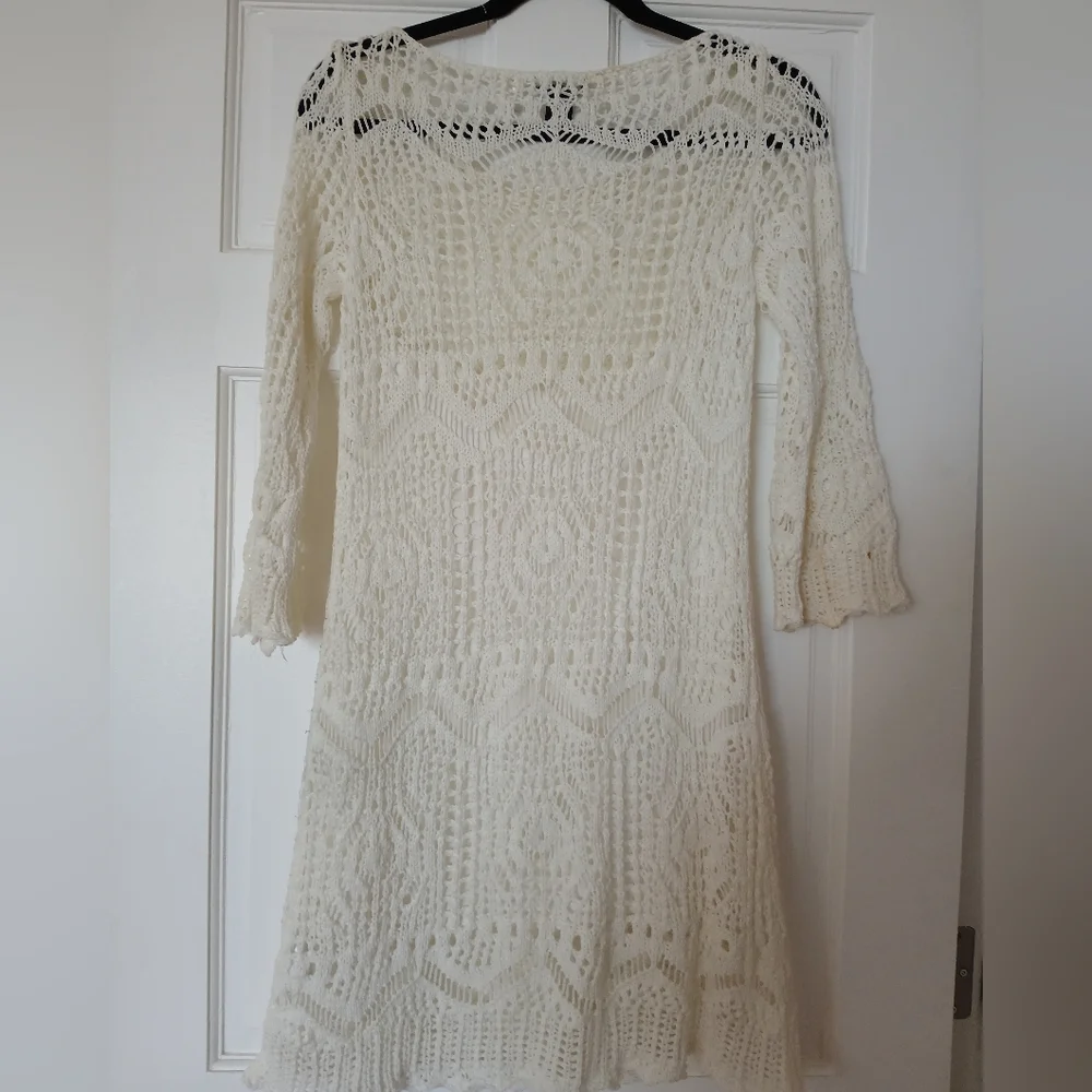 New-Crochet Poly Knit Boho Stretch-Slip Lined Cream/Off White Dress Oversized - Picture 6 of 11